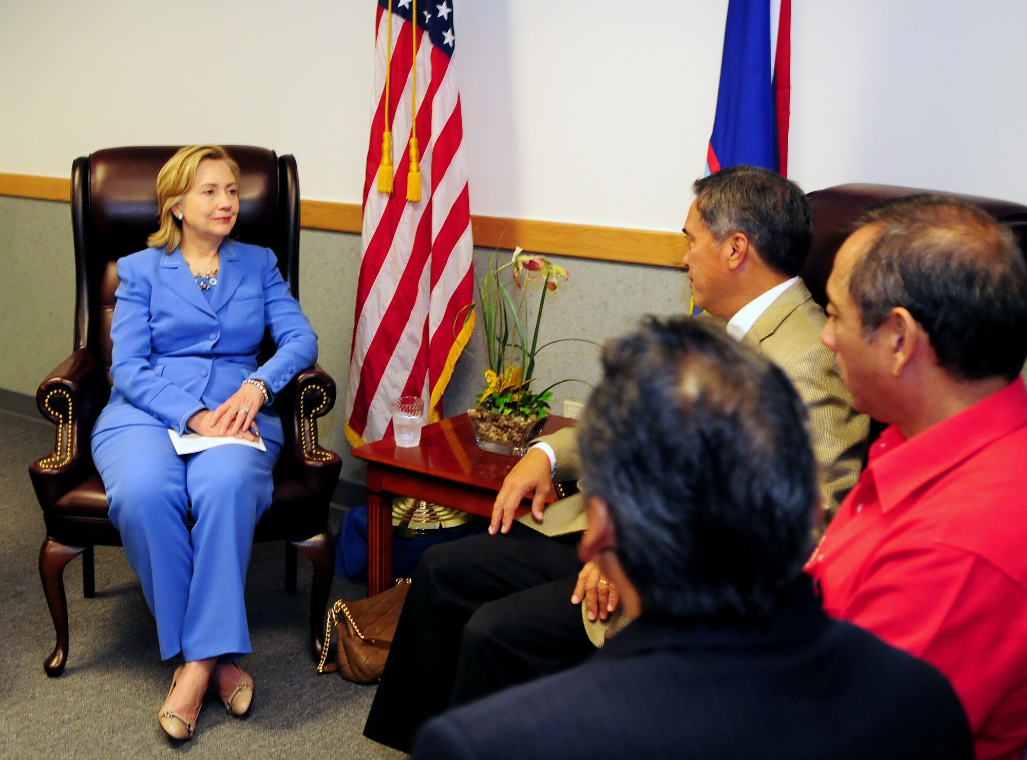 Secretary of State of the United States Hillary Rodham Clinton meets with government officials at Andersen Air Force Base Oct. 29, 2010. Clinton visited the base as part of her trip to the Asia-Pacific Region. She reaffirmed Guam?s importance to the nation, and her gratitude to the service members for their dedication and sacrifice.  (U.S. Air Force photo /Senior Airman Nichelle Anderson/ released)