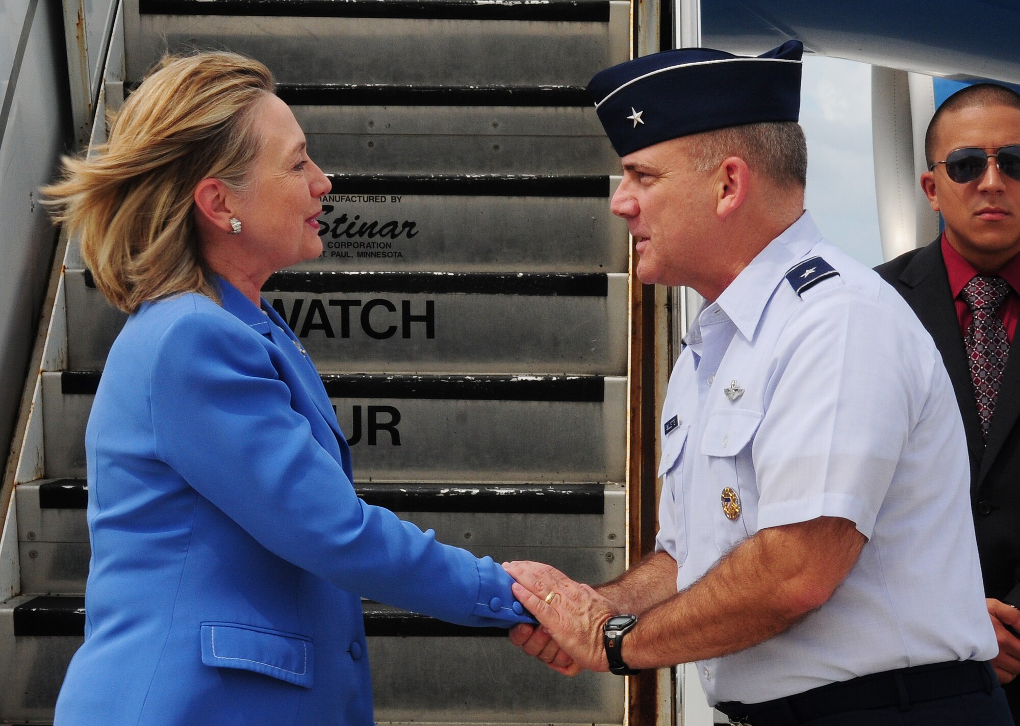 Secretary of State of the United States Hillary Rodham Clinton greets Brig. Gen. John Doucette, 36th Wing commander after arrival to Andersen Air Force Base Oct. 29, 2010. Clinton visited the base as part of her trip to the Asia-Pacific Region. She reaffirmed Guam?s importance to the nation, and her gratitude to the service members for their dedication and sacrifice.  (U.S. Air Force photo /Senior Airman Nichelle Anderson/ released)