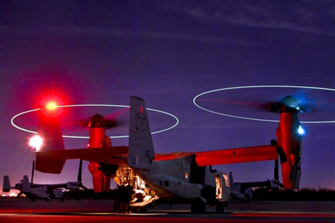 A U.S. Marine Corps MV-22 Osprey aircraft sits on the flightline at Marine Corps Air Station Yuma, Ariz., Oct. 21, 2010. The aircraft supported a course on weapons and tactics hosted by Marine Aviation Weapons and Tactics Squadron One.