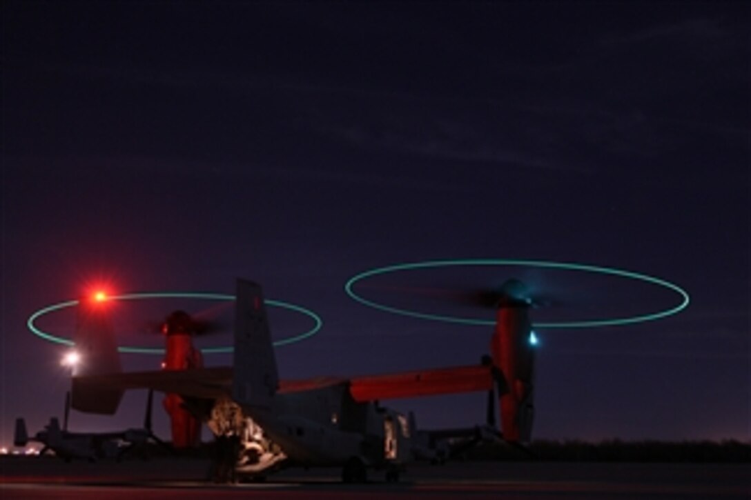 A U.S. Marine Corps MV-22 Osprey aircraft sits on the flight line at Marine Corps Air Station Yuma, Ariz., on Oct. 21, 2010.  The aircraft was flown in support of Weapons and Tactics Instructor's Course 1-11 hosted by Marine Aviation Weapons and Tactics Squadron One.  