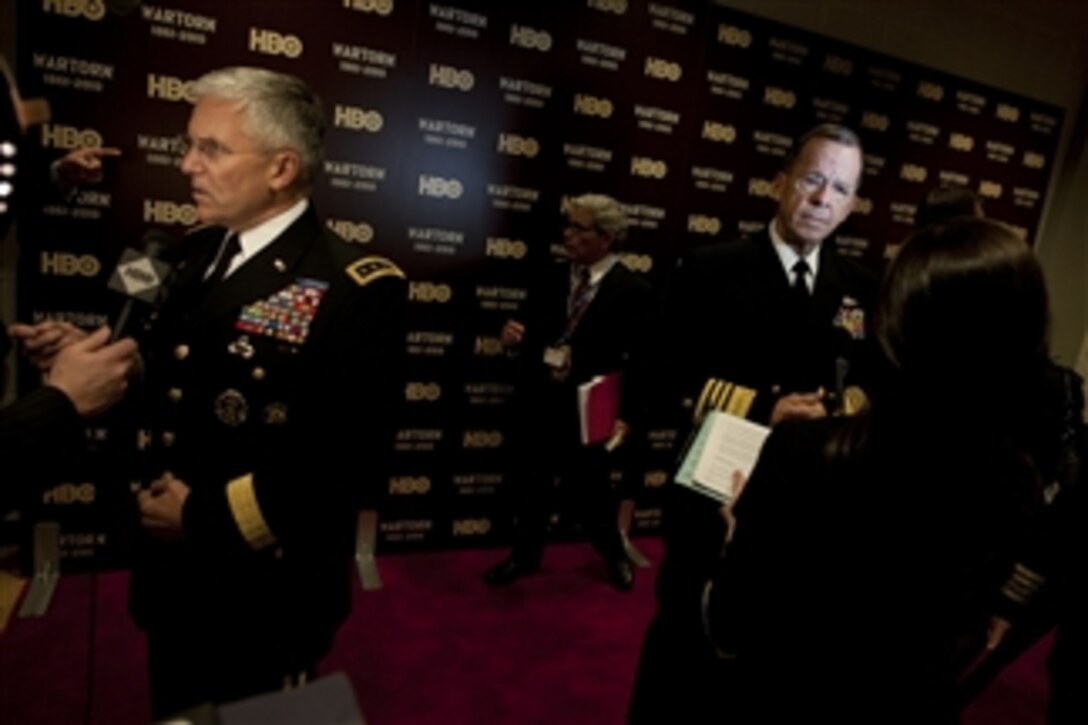 Army Chief of Staff Gen. George Casey Jr. and Chairman of the Joint Chiefs of Staff Adm. Mike Mullen, U.S. Navy, are interviewed at the premiere of the HBO documentary "Wartorn 1861-2010" in the Pentagon on Oct. 28, 2010. The film, produced by James Gandolfini, explores the history of Post Traumatic Stress Disorder and its impact on service members, veterans and their families throughout American history from the Civil War to the present day conflicts in Iraq and Afghanistan.  