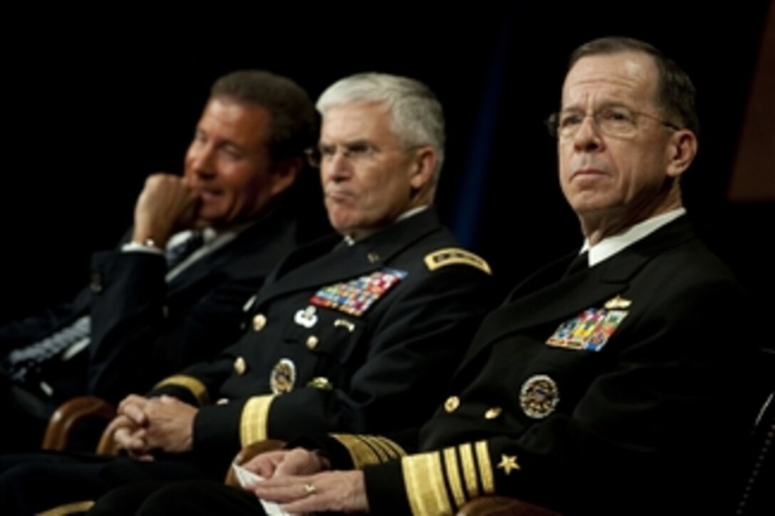 Chairman of the Joint Chiefs of Staff Adm. Mike Mullen, Army Chief of Staff Gen. George Casey Jr. and Co-president of Home Box Office Richard Plepler introduce the HBO documentary "Wartorn 1861-2010" in the Pentagon on Oct. 28, 2010.  The film, produced by James Gandolfini, explores the history of Post Traumatic Stress Disorder and its impact on service members, veterans and their families throughout American history from the Civil War to the present day conflicts in Iraq and Afghanistan.  