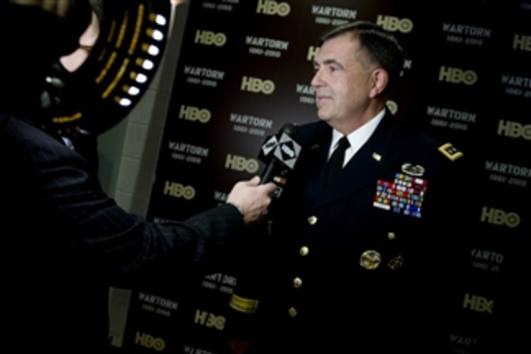 Army Vice Chief of Staff Gen. Peter Charelli is interviewed at the premiere of the HBO documentary "Wartorn 1861-2010" in the Pentagon on Oct. 28, 2010.  The film, produced by James Gandolfini, explores the history of Post Traumatic Stress Disorder and its impact on service members, veterans and their families throughout American  history from the Civil War to the present day conflicts in Iraq and Afghanistan.  