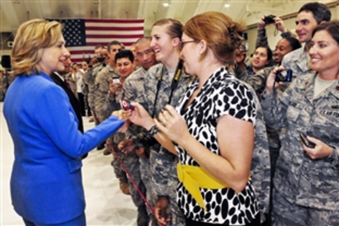 Secretary of State Hillary Rodham Clinton shakes hands with troops on Andersen Air Force Base, Guam, Oct. 29, 2010. Clinton visited the base as part of her trip to the Asia-Pacific region. She reaffirmed Guam’s importance to the nation, and expressed gratitude to the troops for their dedication and sacrifice.