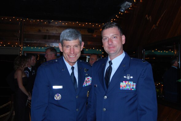 COCOA BEACH, Fla. - The Chief of Staff of the Air Force, Gen. Norton A. Schwartz, recognized Air Force Reservist, Lt. Col. John Brodeur, director of Cocoa Beach Air Force Week, during a senior leader dinner, Oct. 30, 2010. Lt. Colonel Brodeur is an HC-130P/N King combat-search-and-rescue pilot with the 920th Rescue Wing at Patrick Air Force Base, Fla.  The theme of A.F. Week was recognizing hometown heroes and the sacrifices Airmen make, deployed and at home. (U.S. Air Force photo/Master Sgt. Shane Smith).