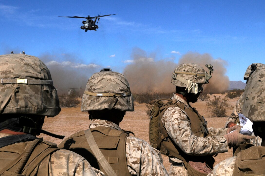 Marines with E Company, 2nd Battalion, 7th Marine Regiment, watch a CH-53E Super Stallion take off while being briefed on the mission by 1st Sgt. Rogello Haro, E Company first sergeant, during the final exercise of the recent Weapons and Tactics Instructor course at Auxiliary Airfield 6 on the Barry M. Goldwater Range in Ariz., Oct. 30, 2010. Operation War Wagon tested the skills attained by the WTI students and included the participation of approximately 250 infantry Marines from the battalion.