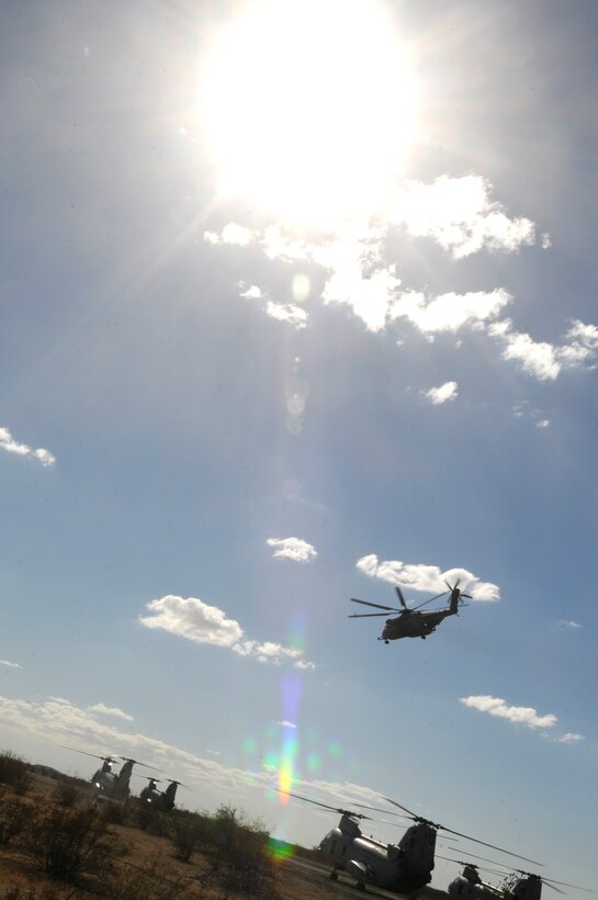 A CH-53E Super Stallion flies above CH-46E Sea Knights during the final exercise of the recent Weapons and Tactics Instructor course at Auxiliary Airfield 6 on the Barry M. Goldwater Range in Ariz., Oct. 30, 2010. Operation War Wagon tested the skills learned by the WTI students and included the participation of approximately 250 infantry Marines from the battalion.