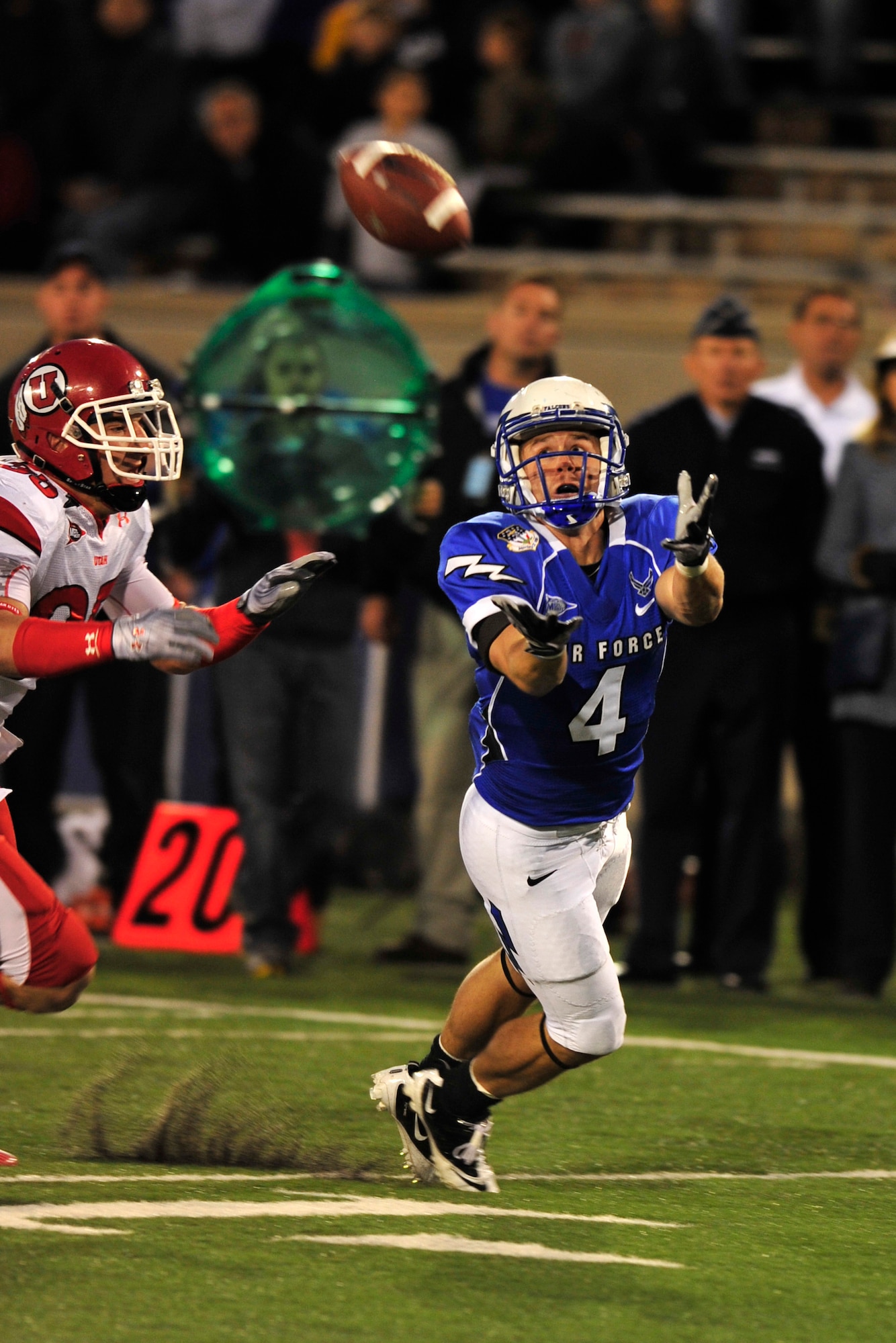 Senior wide receiver Kyle Halderman tries to catch a pass during play against Utah at Falcon Stadium Oct 30, 2010. Halderman had three catches for 67 yards in Air Force's 28-23 loss to the Utes. (U.S. Air Force photo/Bill Evans)