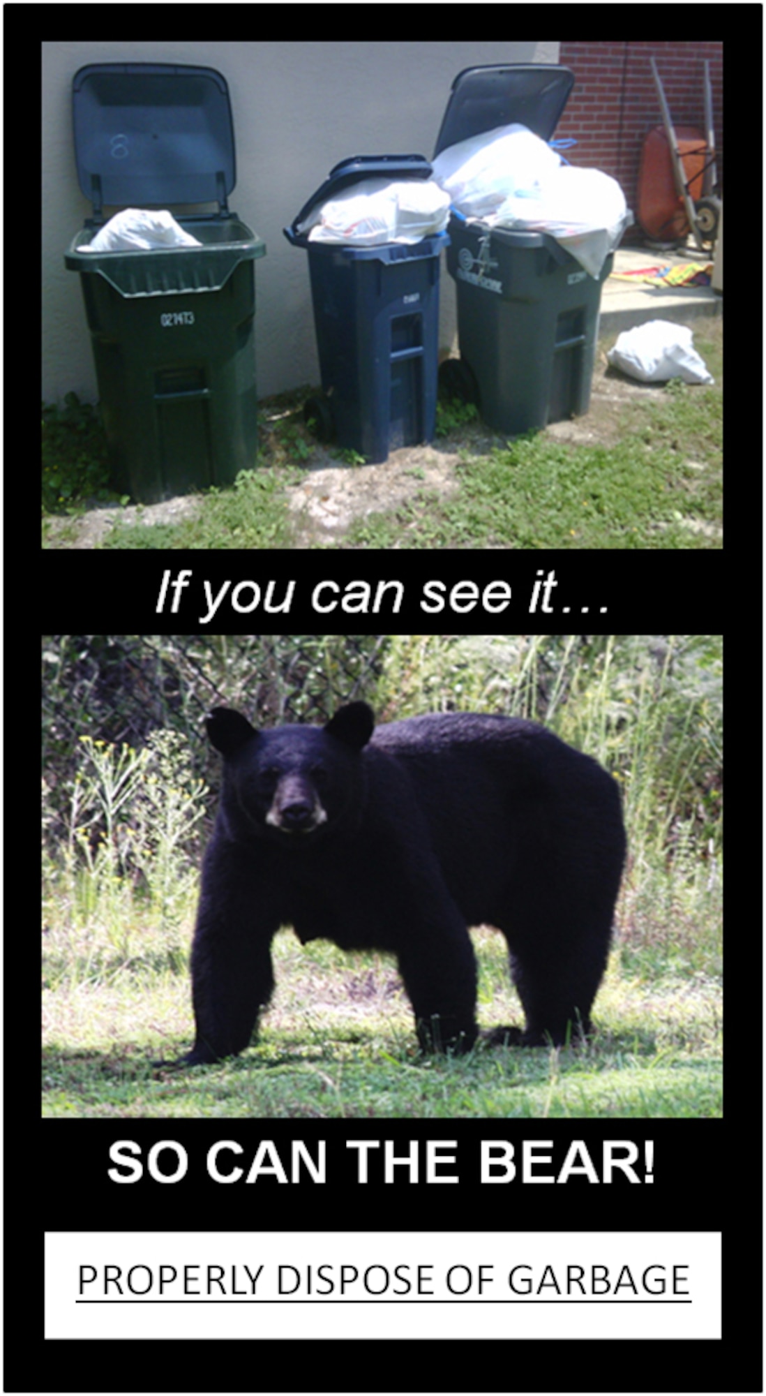 This illustration highlights the relationship between unkempt garbage and bear activity on base at Hurlburt Field, Fla. The 1st Special Operations Civil Engineer Squadron identified improper trash containment as the primary reason for bear encounters on base. (DoD photo illustration by U.S. Air Force Airman 1st Class Joe McFadden) (RELEASED)