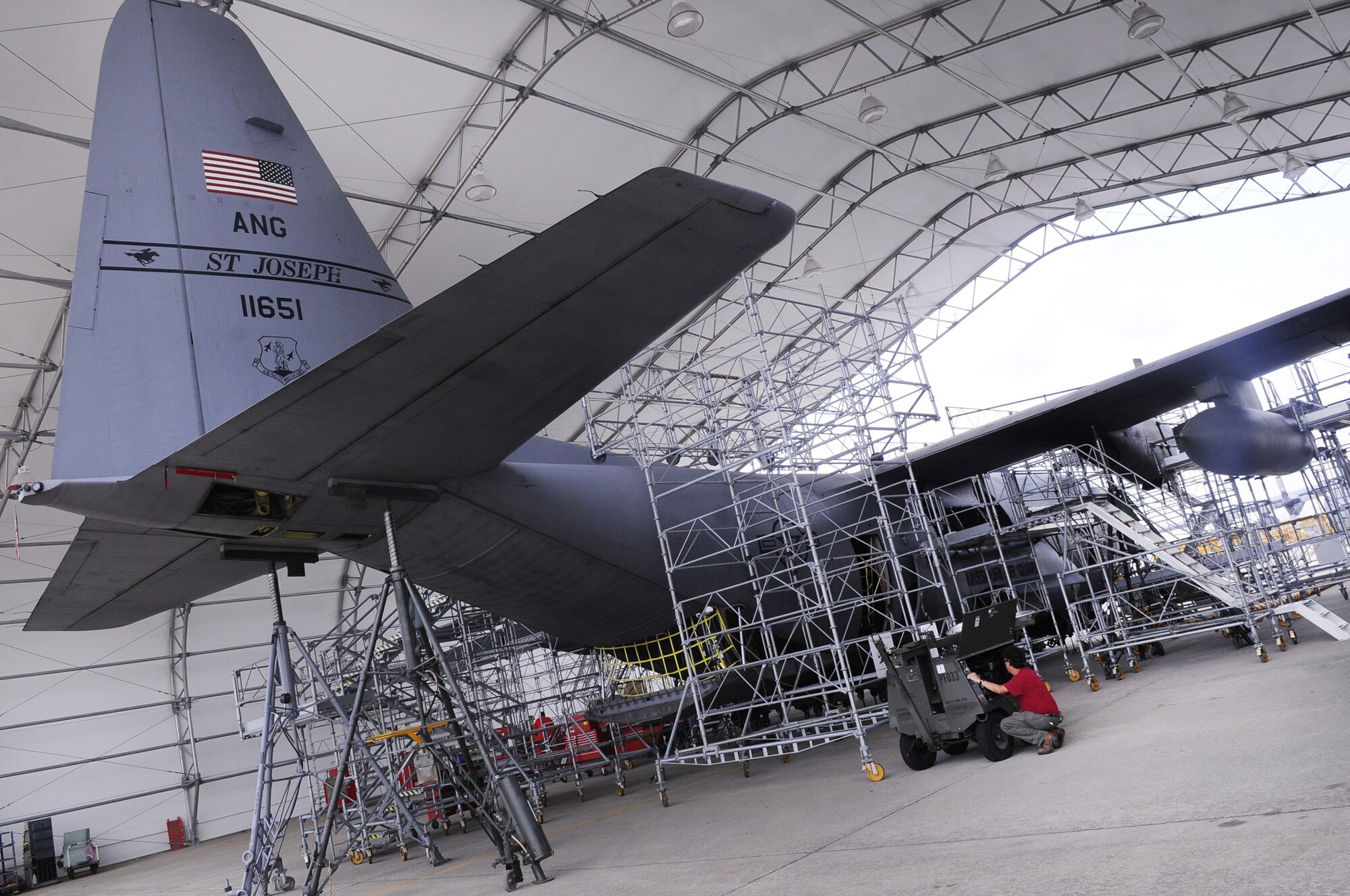 Work has begun on the first C-130 aircraft to enter into the Avionics Modernization Program at Robins. U. S. Air Force photo by Sue Sapp