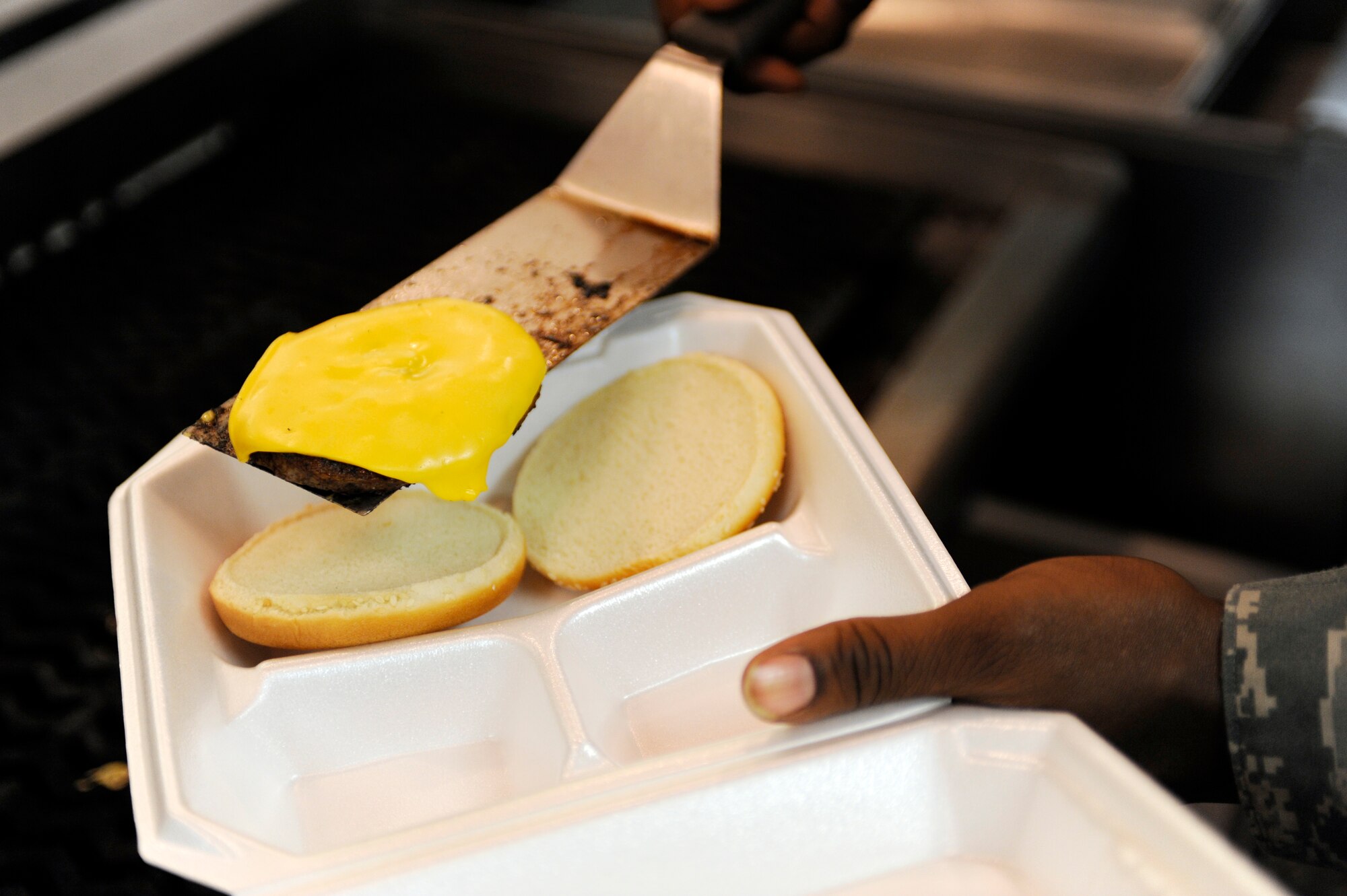 Airman 1st Class Andrew Clarke places a cheeseburger on a bun August 31, 2010, Eielson Air Force Base, Alaska. Airman Clarke makes short order burgers and grilled cheese to feed Airmen on Eielson. Airman Clarke is assigned to the 354th Force Support Squadron. (U.S. Air Force photo/Senior Airman Willard E. Grande II)