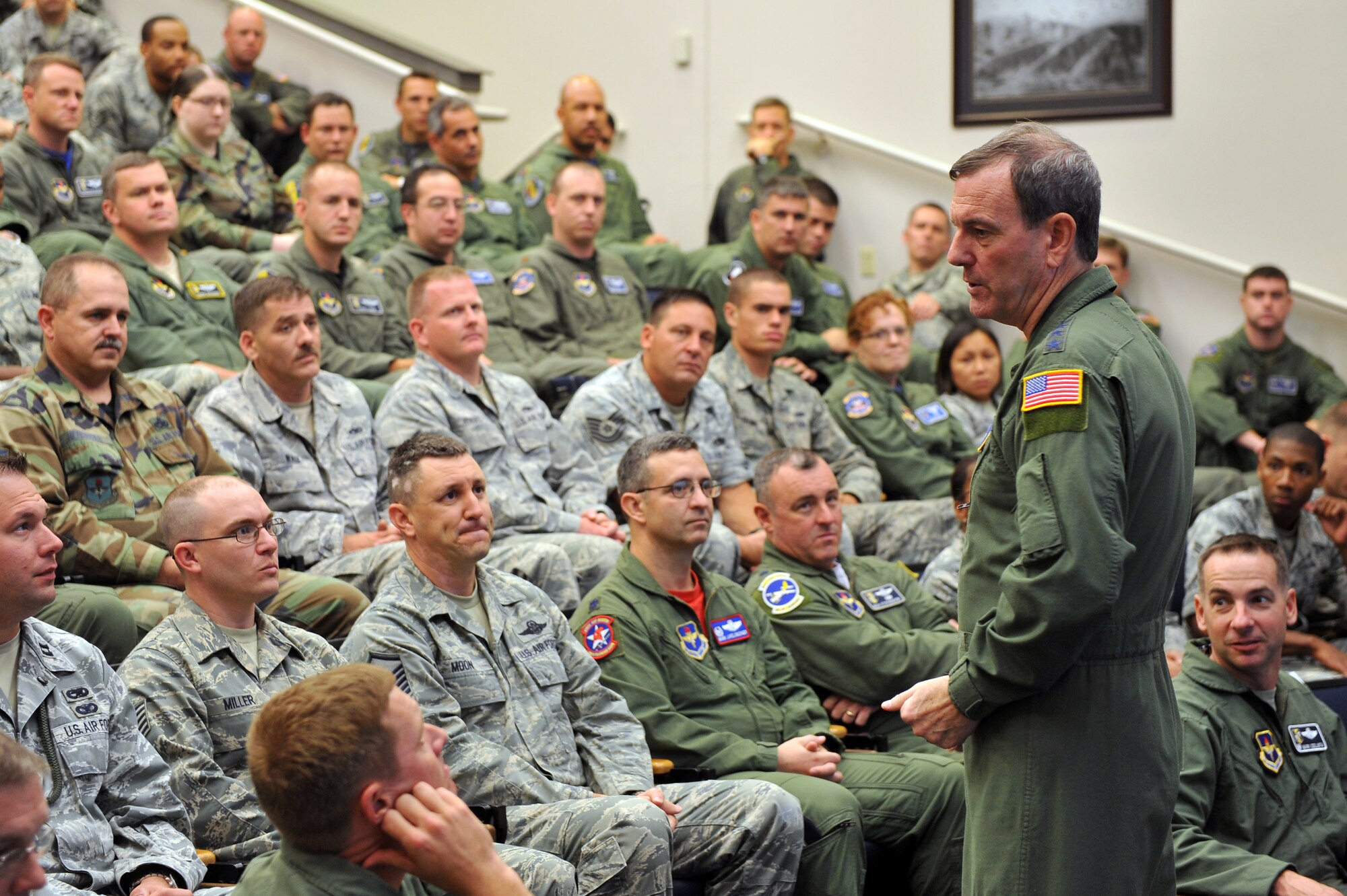 Gen. Stephen Lorenz, Air Education and Training Command commander, visits with members of the 314th Airlift Wing Aug. 27 in the 62nd Airlift Squadron auditorium. General Lorenz performed a one hour Q-and-A session with military members in attendance ranging from airmen to colonels.  (U.S. Air Force photo by Staff Sgt. Chris Willis)
