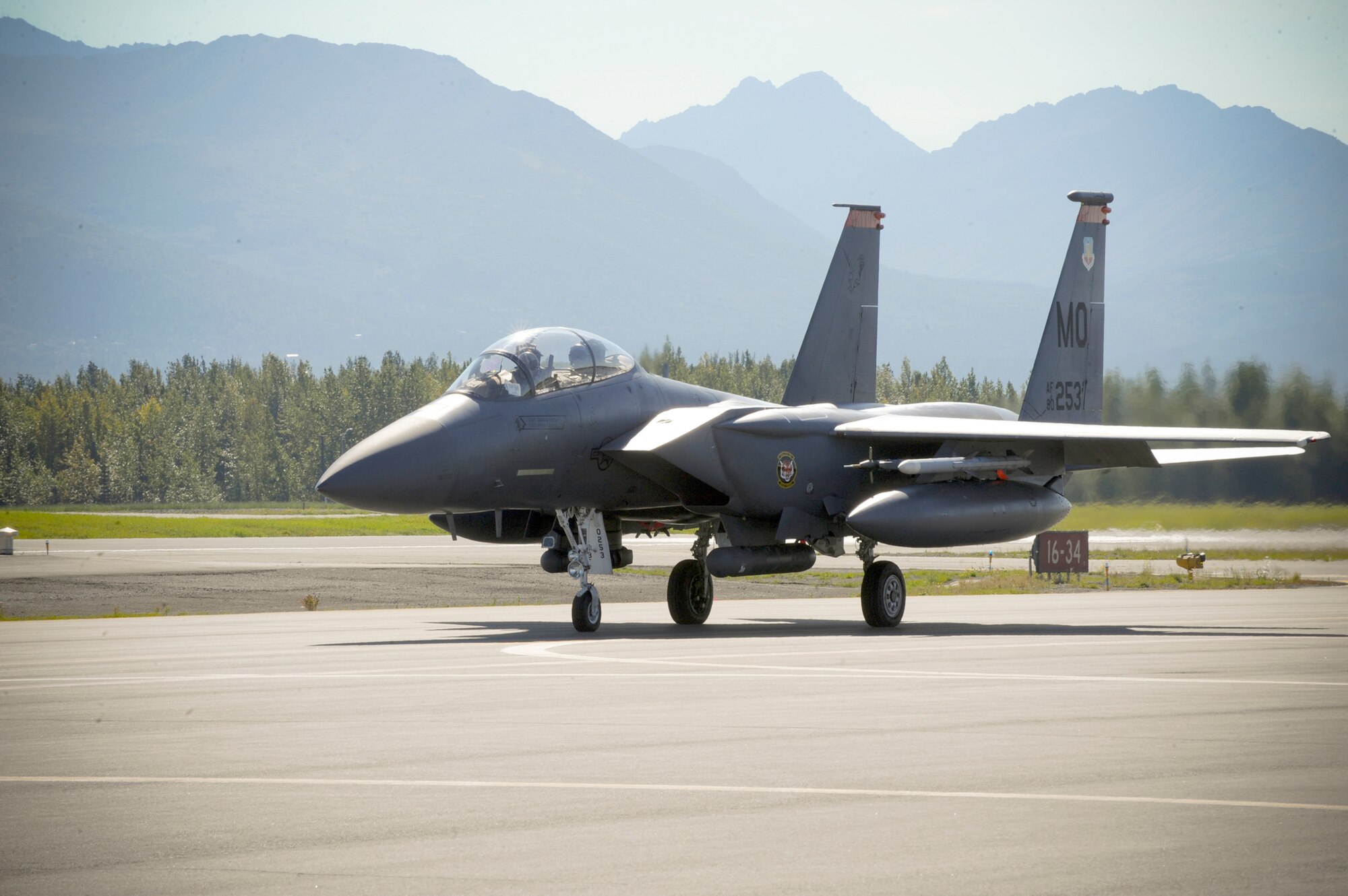 An F-15E Strike Eagle taxies the runway Aug. 25, 2010, at Joint Base Elmendorf-Richardson, Alaska.  The 391st Fighter Squadron out of Mountain Home Air Force Base, Idaho, is currently assigned to JB Elmendorf for a temporary duty assignment to aid in training exercises for the F-22 Raptor squadrons stationed here. (U.S. Air Force photo/Staff Sgt. Joshua Garcia)