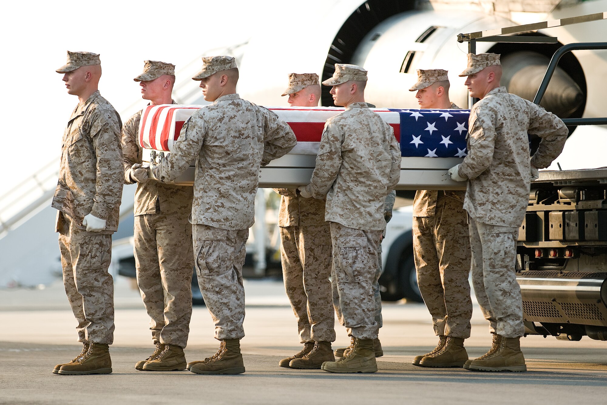 A U.S. Marine Corps team transfers the remains of Marine Corps Lance Cpl. Kevin E. Oratowski, of Wheaton, Ill., at Dover Air Force Base, Del., August 20. Lance Cpl. Oratowski was assigned to 1st Light Armored Reconnaissance Battalion, 1st Marine Division, I Marine Expeditionary Force, Camp Pendleton, Calif.  (U.S. Air Force photo/Roland Balik)