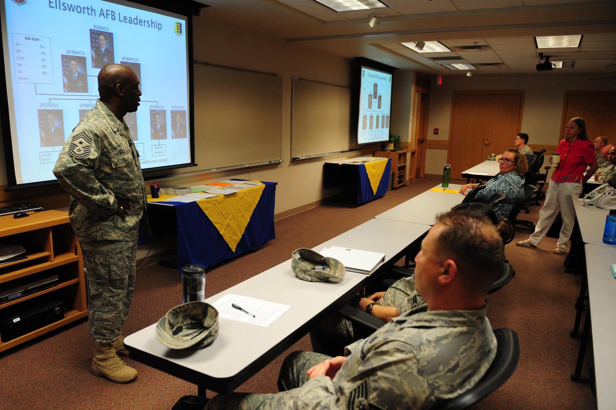 ELLSWORTH AIR FORCE BASE, S.D. – Chief Master Sgt. Clifton Cole, 28th Bomb Wing command chief, gives a briefing to Right Start, Aug. 17. Right Start is an orientation program for Airmen new to the base. (U.S. Air Force photo/Senior Airman Corey Hook)