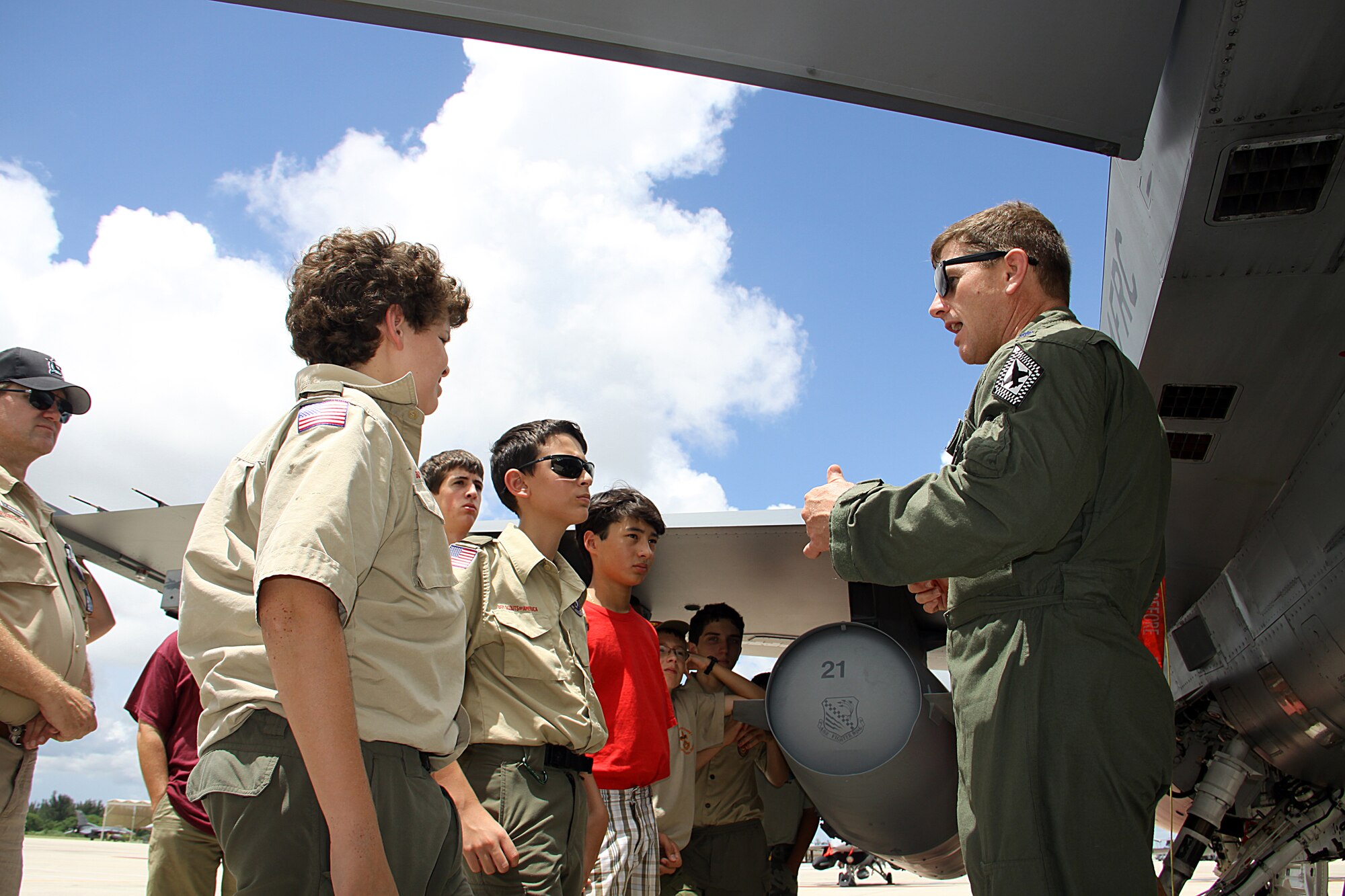 Lt. Col. Joe Feheley, an F-16 pilot with the 482nd Fighter Wing answers questions with members of the Boy Scouts of America as part of the Aviation Merit Badge program on Aug. 28. Over 50 scouts from South Florida converged on Homestead Air Reserve Base to participate in the all-day merit badge program. Lt. Col. Feheley is the 482nd Fighter Wing Chief of Safety.  (U.S. Air Force photo/Tim Norton) 