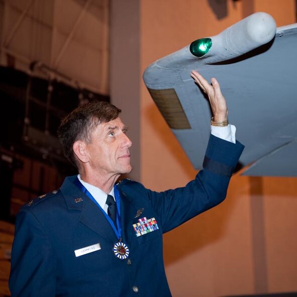 Major General Scott A. Hammond, former Commander GA Air National Guard, touches the wing of an F-15 Fighter at the Museum of Aviation, Robins AFB GA, shortly after his retirement ceremony.
(U.S. Air Force photo/Tech. Sgt. Roger Parsons)
