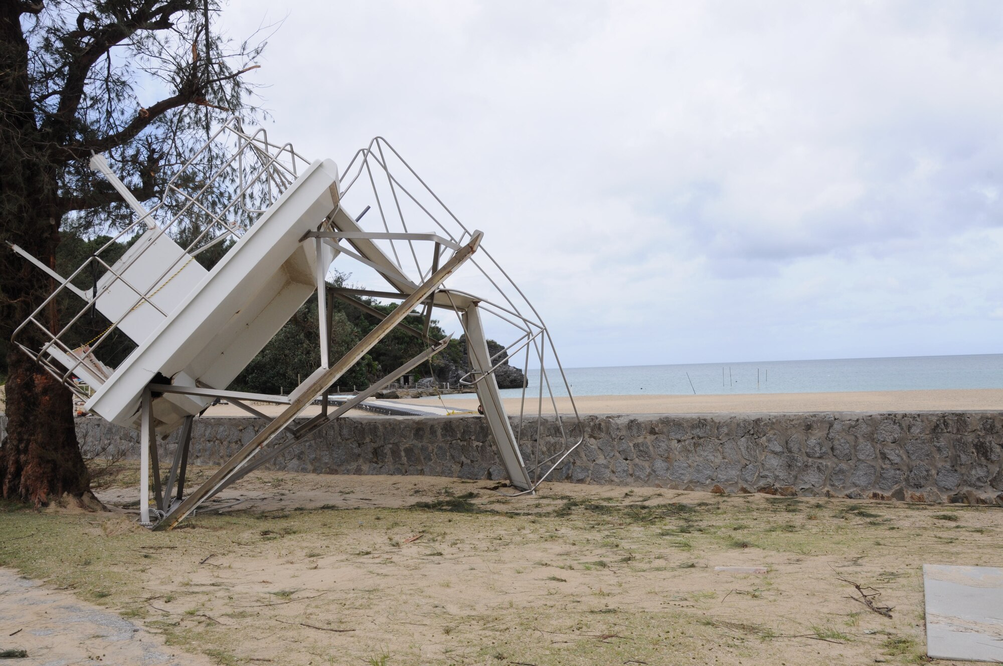 Typhoon Kompasu caused massive amounts of damage to the Okuma Resort including knocking over this life guard tower Aug. 31, 2010. Typhoon Kompasu slammed into the Okuma Recreation Area in northern Okinawa and is closed until further notice. (U.S. Air Force photo/Staff Sgt. Darnell T. Cannady)