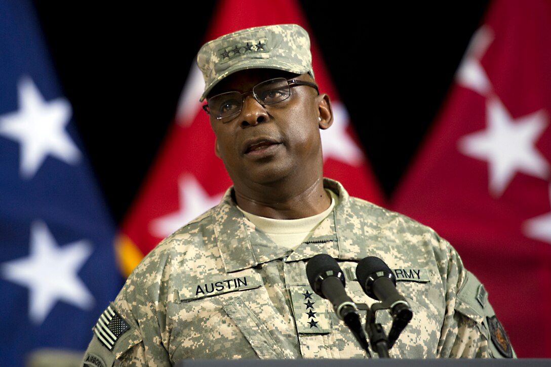 U.S. Army Gen. Lloyd J. Austin III, commander, U.S. Forces Iraq, addresses the audience during his change-of-command ceremony in Baghdad, Sept. 1, 2010.
