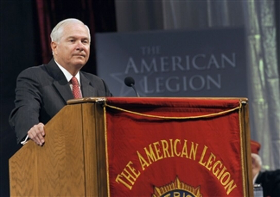 Secretary of Defense Robert M. Gates gives remarks at the 92nd National Convention of the American Legion in Milwaukee, Wis., on Aug. 31, 2010.  