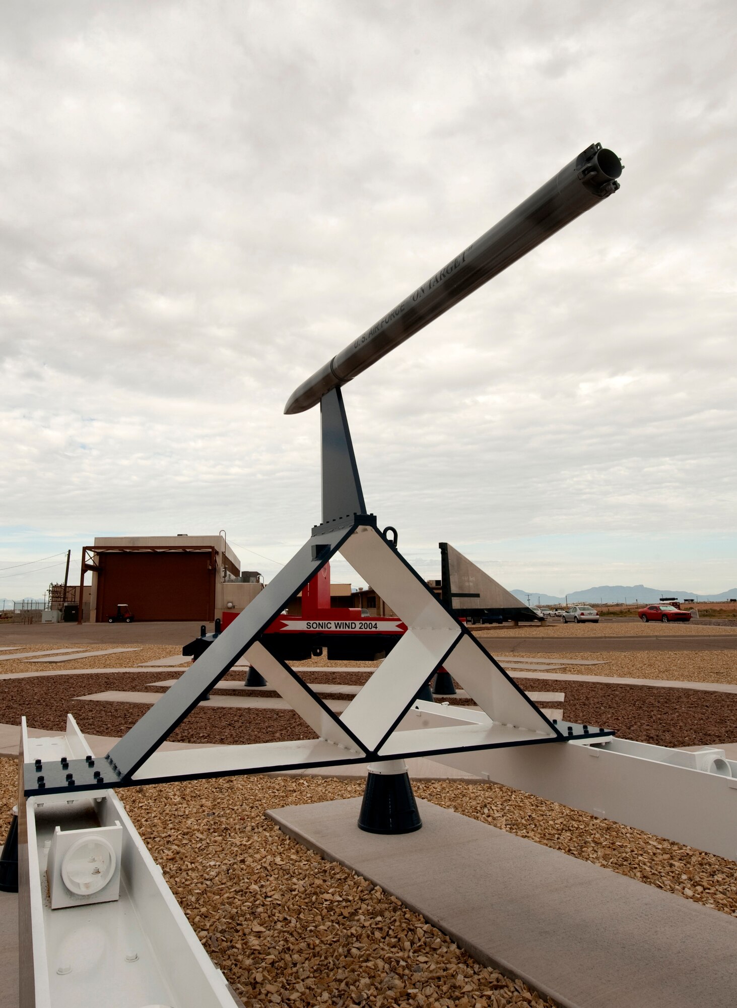 HOLLOMAN AIR FORCE BASE, N.M. -- A sled that was once used in tests on the Holloman High Speed Test Track is displayed at the 846th Test Squadron Sled Park July 16, 2010. Currently, the park showcases six sleds, but is slated to have 13 sleds total by 2011, along with a piece of test track and a sample of track from the magnetic levitation capability project. (U.S. Air Force photo by Senior Airman Sondra Escutia)