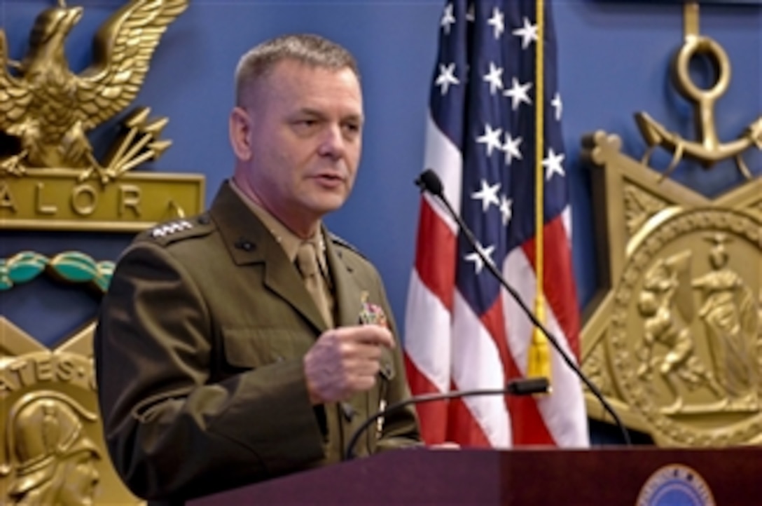 U.S. Marine Gen. James E. Cartwright, vice chairman of the Joint Chiefs of Staff, speaks at the Newman’s Own Awards ceremony in the Pentagon’s Hall of Heroes, Sept. 1, 2010. The annual ceremony honors nonprofit organizations for their innovative programs to improve the quality of life  for troops and their families. This year eight nonprofit organizations received awards totaling $75,000.