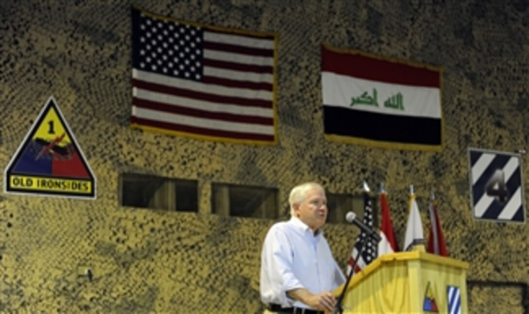 Secretary of Defense Robert M. Gates speaks to U.S. service members in Ramadi, Iraq, on Sept. 1, 2010.  