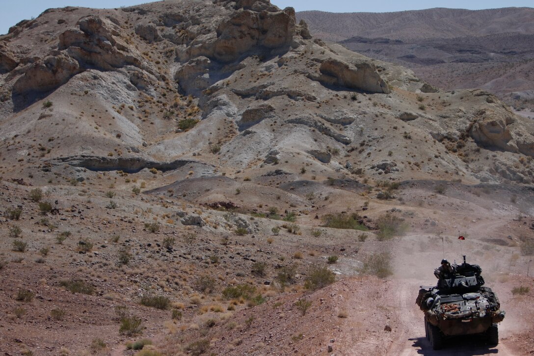 A light armored vehicle with 3rd Light Armored Reconnaissance Battalion pushes through to its next objective Sept. 2 during part of their Enhanced Mojave Viper. The battalion is scheduled to deploy in support of Operation Enduring Freedom this fall.::r::::n::