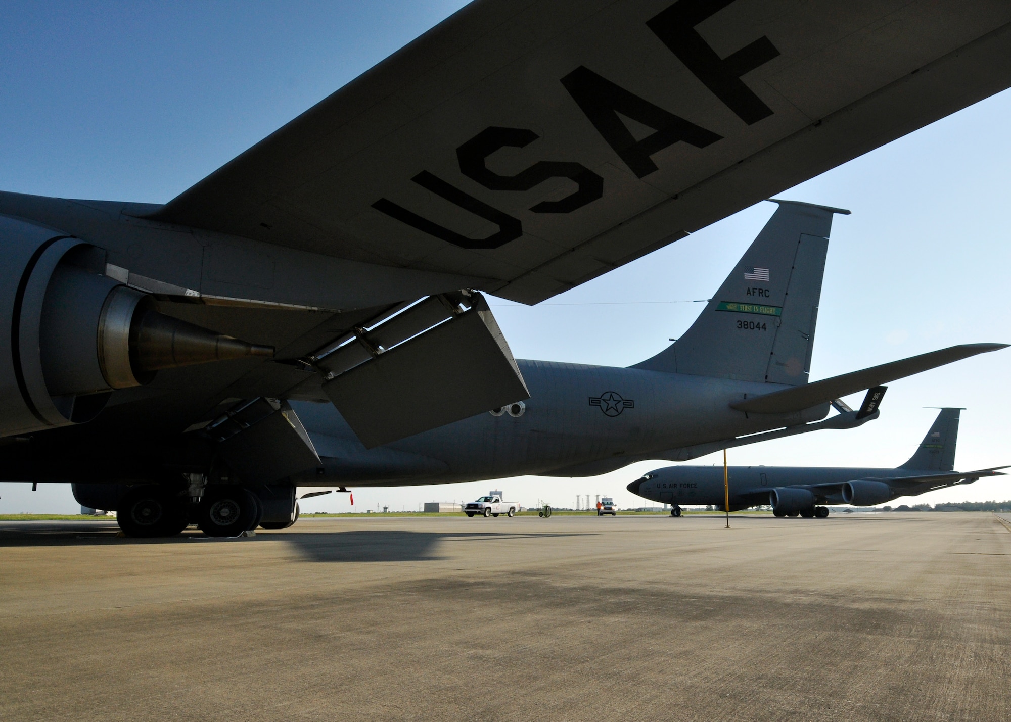 A 916th Air Refueling Wing KC-135 Stratotanker pulls into place beside of another tanker at Eglin Air Force Base Fla., Sept. 1  Their arrival was as part of a hurricane evacuation from Seymour Johnson AFB, N.C.  Approximately 30 F-15E Strike Eagles, three KC-135s and 300 personnel arrived to beddown the aircraft as Hurricane Earl headed for the N.C. coast.  The 33rd Fighter Wing, a former F-15 unit now the training wing for the F-35 Lightning II, provided flightline space for the aircraft.  (U.S. Air Force photo/Samuel King Jr.)