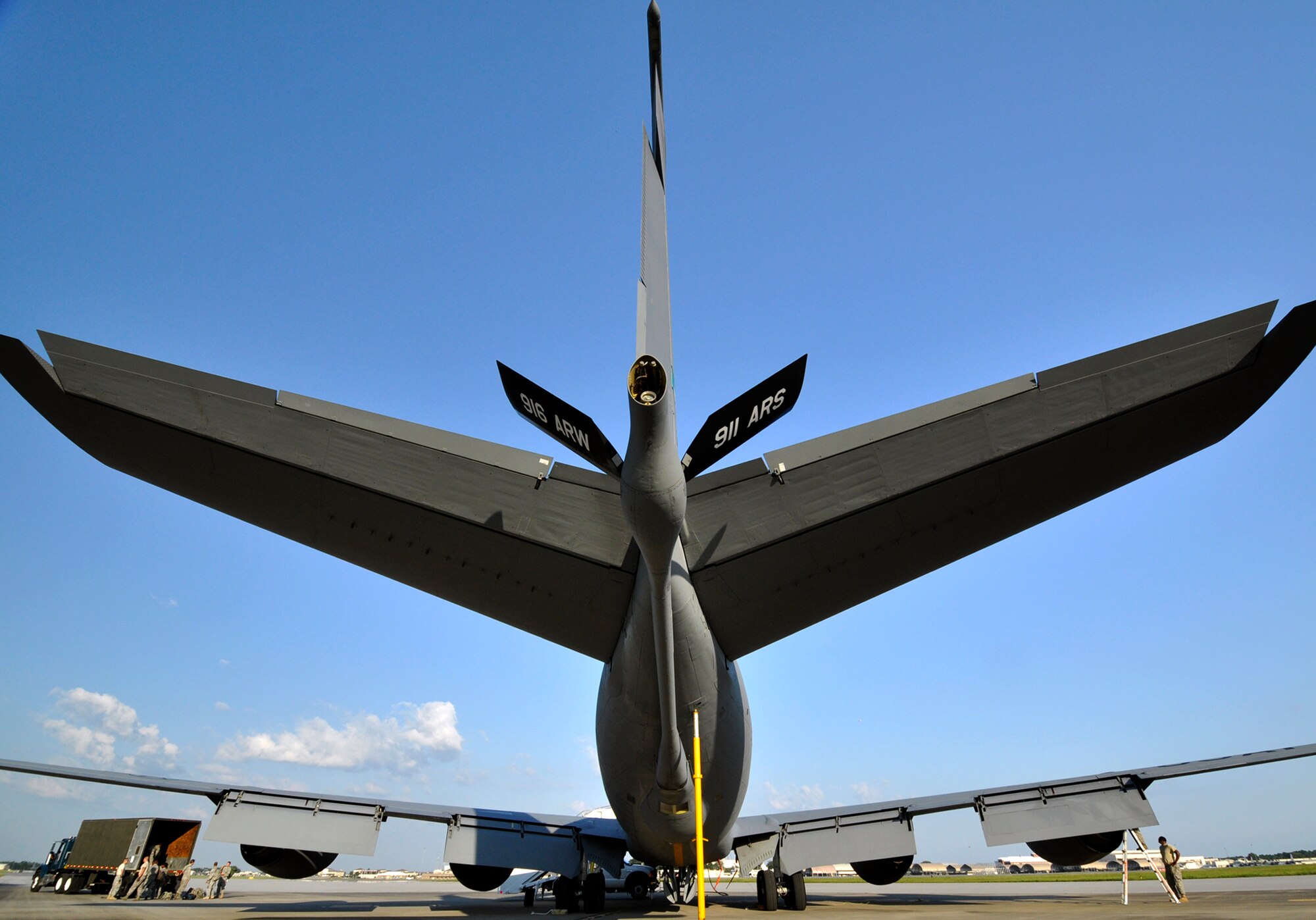 Maintainers load up their bags after arriving to Eglin Air Force Base, Fla., by a 916th Air Refueling Wing KC-135 Stratotanker, as part of a hurricane evacuation from Seymour Johnson AFB, N.C.  Approximately 30 F-15E Strike Eagles, three KC-135s and 300 personnel arrived to beddown the aircraft as Hurricane Earl headed for the N.C. coast.  The 33rd Fighter Wing, a former F-15 unit now the training wing for the F-35 Lightning II, provided flightline space for the aircraft.  (U.S. Air Force photo/Samuel King Jr.)