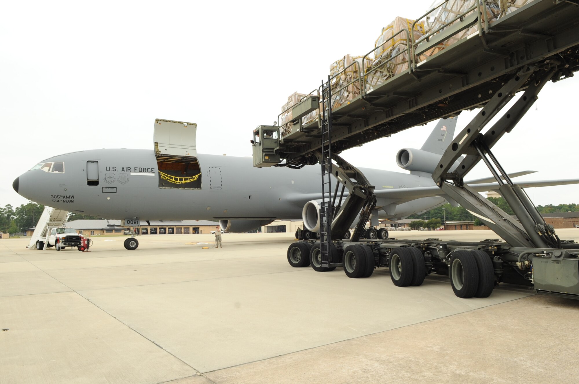 SEYMOUR JOHNSON AIR FORCE BASE, N.C. – Nearly a 10,000 pounds of donated winter clothing is hoisted up to a KC-10 Extender from Joint Base McGuire-Dix-Lakehurst, N.J., here, Sept. 2, 2010. The items will be transported to Afghanistan for distribution to the Afghan communities during humanitarian aid missions. (U.S. Air Force photo/Staff Sergeant Courtney Richardson)(RELEASED)