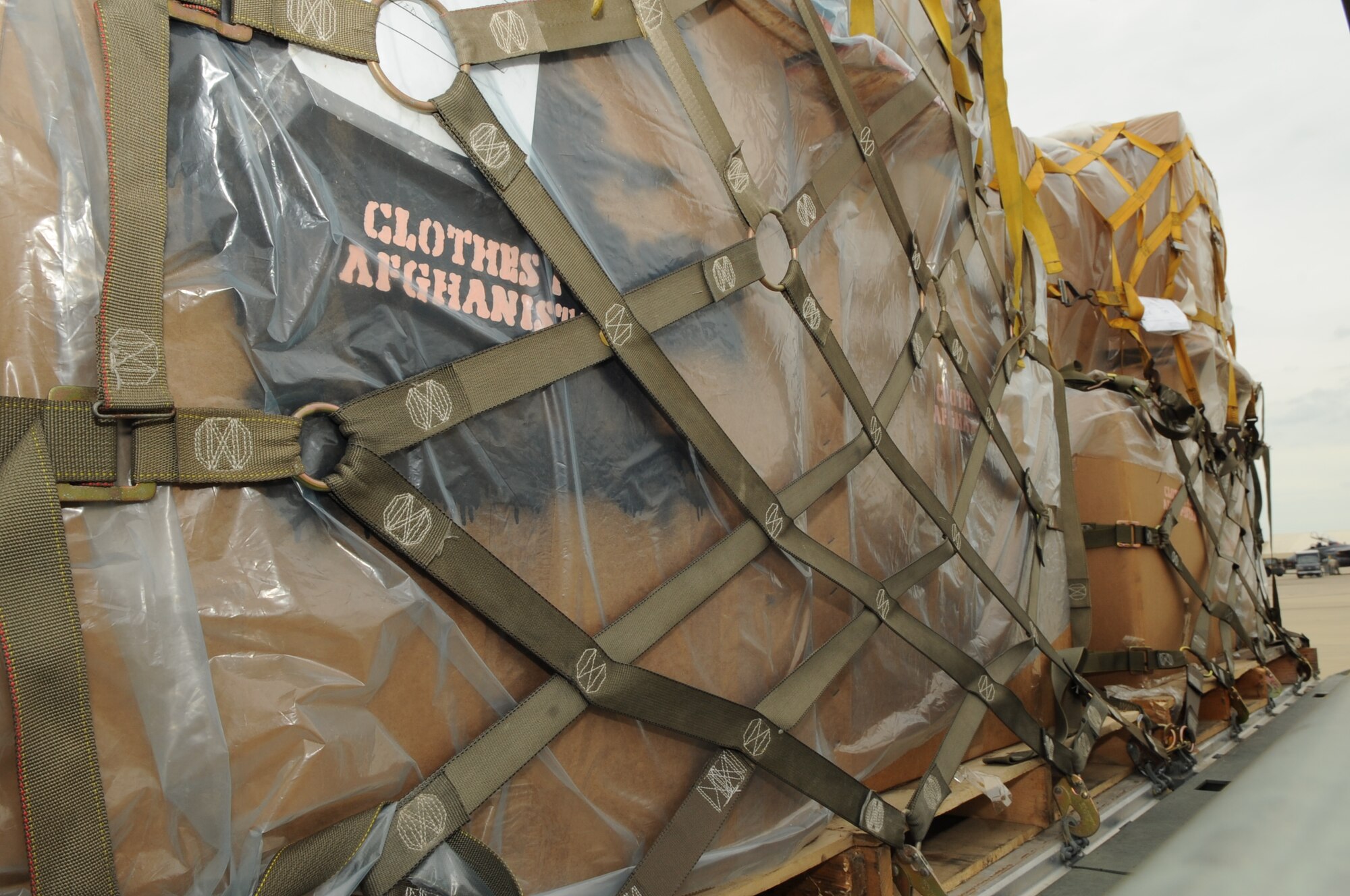 SEYMOUR JOHNSON AIR FORCE BASE, N.C. – Nearly a 10,000 pounds of donated items wait to be loaded onto a KC-10 from Joint Base McGuire-Dix-Lakehurst, N.J. bound for Afghanistan, Sept. 2, 2010. The donations consisted of men and women’s winter clothes collected through the Goldsboro MERCI Center. (U.S. Air Force photo/Staff Sergeant Courtney Richardson) (RELEASED)
