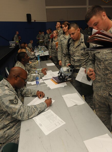 MOODY AIR FORCE BASE, Ga. -- Members from the 23rd Fighter Group and 476th Fighter Group process through a deployment line here Aug. 24. The 476th FG, a Reserve unit that is functionally integrated with the 23rd Wing, will be joining the 75th Fighter Squadron during an upcoming deployment. (U.S. Air Force photo/Airman 1st Class Benjamin Wiseman)