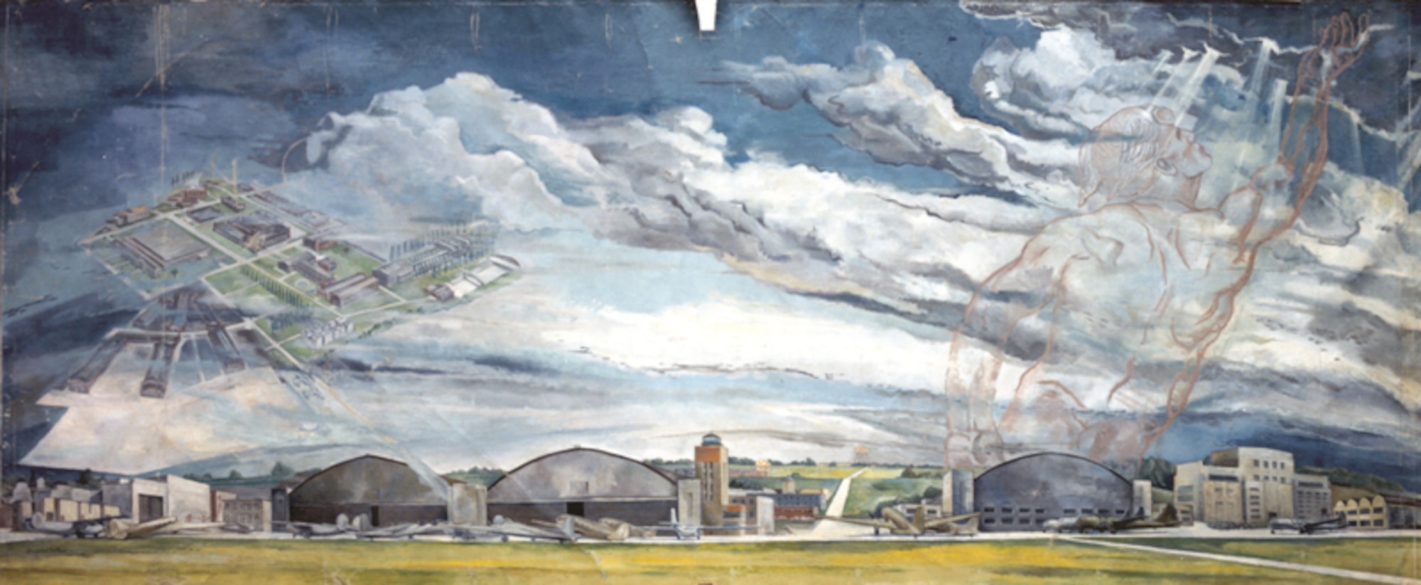 "Wright Field," a 6 x 15 foot canvas painted in 1945 by Sgt. Stuyvesant Van Veen, portrays the World War II flightline of Wright Field, now Area B of Wright-Patterson Air Force Base, Ohio. In the upper left, a semi-transparent representation of the older portion of Wright Field can be seen, while in the upper right an allegorical figure of "Flight" reaches heavenward. The painting was once displayed in Building 126, the World War II Engineering Division Headquarters.  The painting was later accessed into the Air Force Art Collection and is currently in storage at Joint Base Andrews,  Md, where it is a candidate for future restoration.  In August 2010 contractors began demolition of Building 126 to make way for a new base Information Technology Complex. (U.S. Air Force photo)