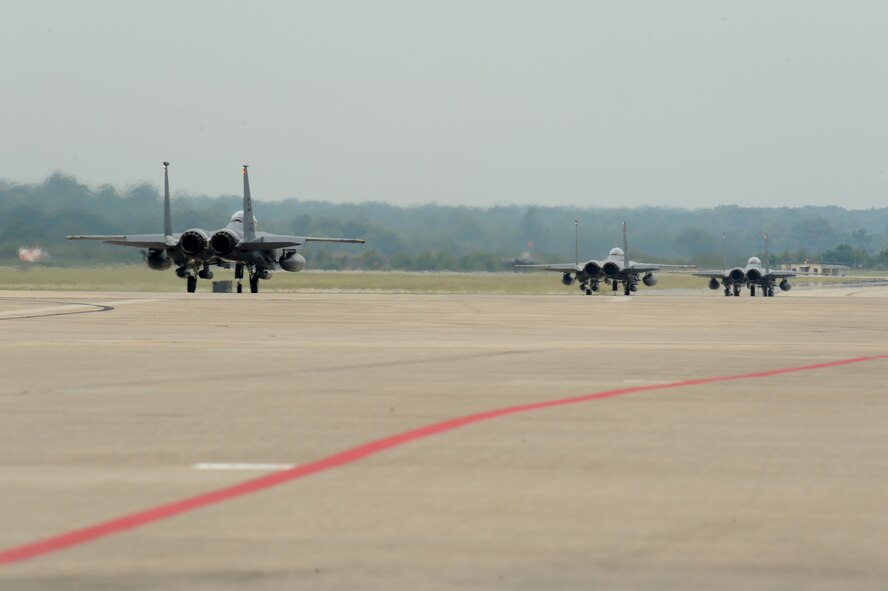 SEYMOUR JOHNSON AIR FORCE BASE, N.C. -- Approximately 30 F-15E Strike Eagles and three KC-135R Stratotankers evacuated to Eglin Air Force Base, Fla. in preparation for Hurricane Earl here, Sept. 2, 2010. Along with the aircraft evacuation, base personnel were advised to prepare for high winds, possible flooding and tornadoes. (U.S. Air Force photo/Staff Sergeant Courtney Richardson) 