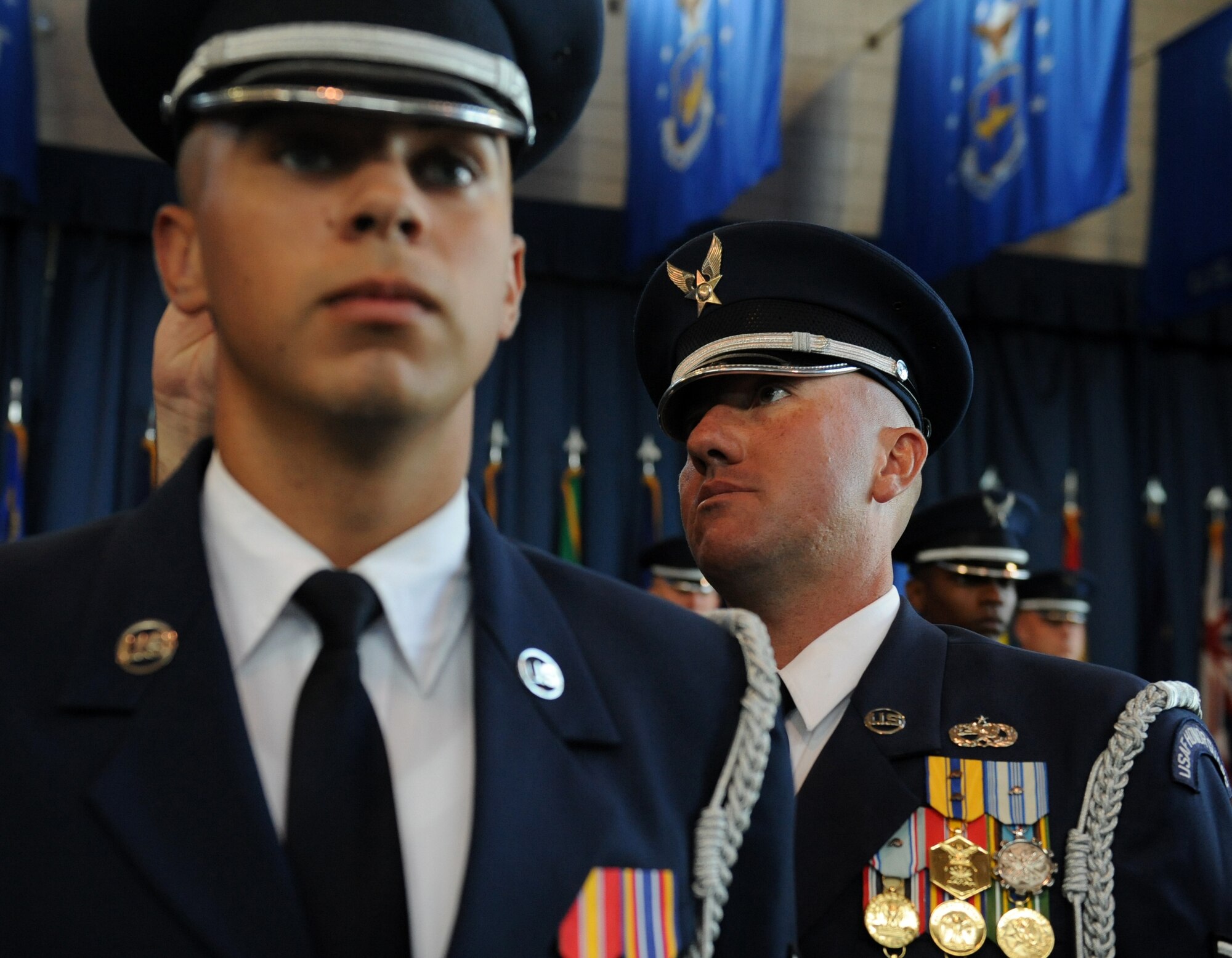 BOLLING AFB, D.C. -- A member of the Air Force Honor Guard is inspected during open ranks here Aug. 23. Members are inspected every morning for any uniform or personal appearance discrepancy. (U.S. Air Force photo/Staff Sgt. Gina Chiaverotti-Paige)