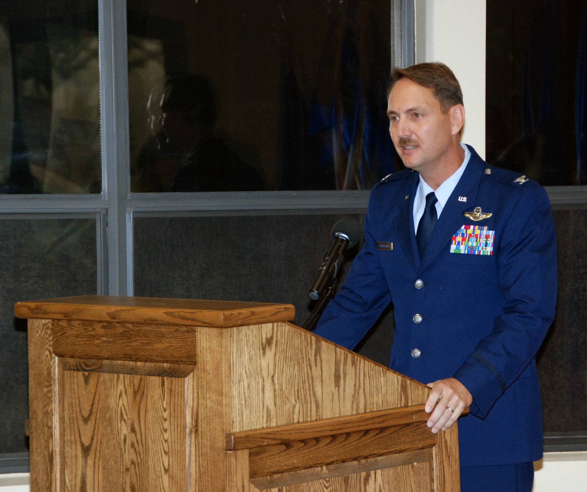 Col. Scott Barberides, 101st Air & Space Operations Group commander, gives opening remarks at the activation ceremony of his new organization Aug. 21, 2010 at Tyndall Air Force Base, Fla.  (U.S. Air Force photo by Capt. Jared Scott)