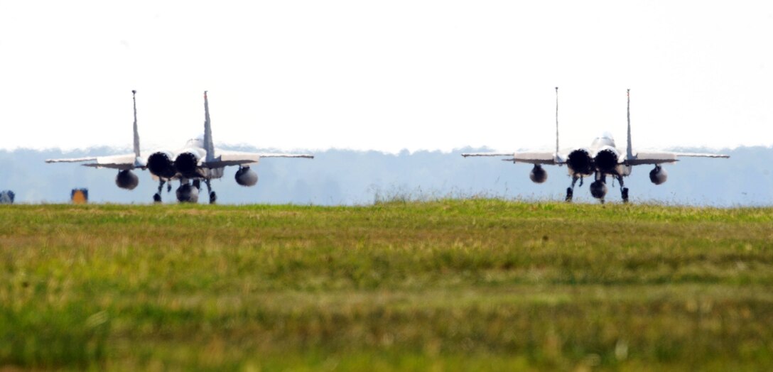 LANGLEY AIR FORCE BASE, Va -- The last two operational F-15 Eagles prepare to take flight, destined for Portland, Ore., Sept. 1 as the historic Ironmen squadron is scheduled to be inactivated. The F-15 aircrafts are being sent to active duty bases within the United States, overseas and National Guard Bases. Like the Aircraft the majority of the Airmen, pilots and maintenance personnel are being allocated to various bases.  (U.S. Air Force photo/Staff Sgt. Tabitha Kuykendall)(RELEASED)