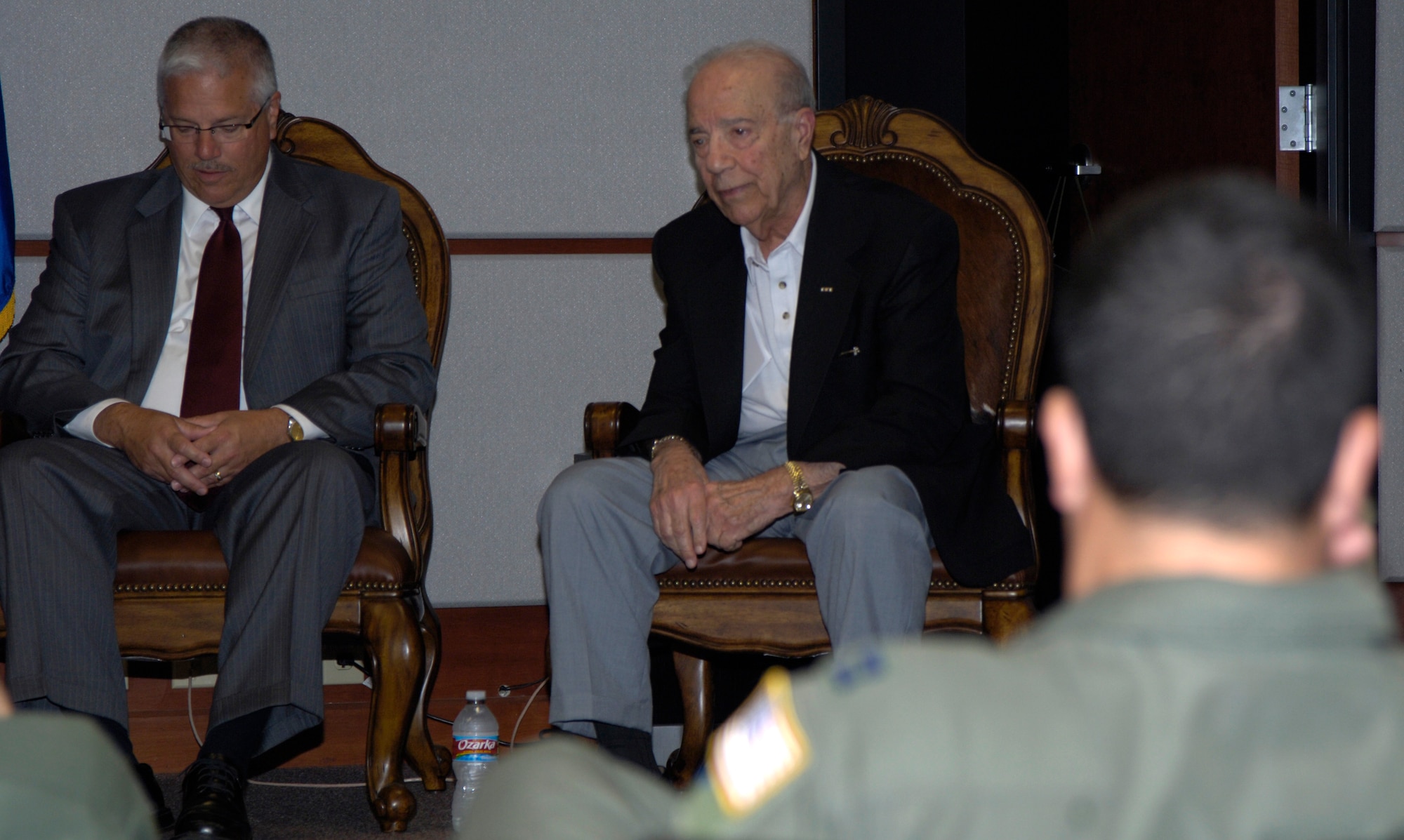 Richard R. Ayesh, a retired first lieutenant from the 349th Bomb Squadron, speaks to 349th Air Refueling Squadron Airmen Aug. 27, 2010. Mr. Ayesh and his family came to McConnell to speak about his World War II. The 349th ARS, which now is a KC-135 Stratotanker unit, traces its heritage to the 349th BS, a B-17 Flying Fortress unit. (U.S. Air Force photo/ Airman 1st Class Armando A. Schwier-Morales)  