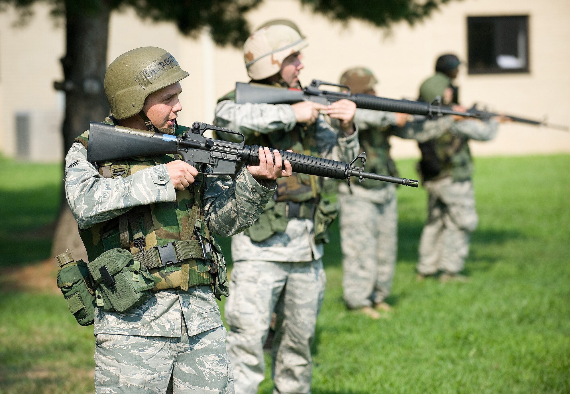 Airman 1st Class Casey Robinson, of the 436th Logistics Readiness Squadron, practices aiming his rifle during Expeditionary Combat Skills Training on Dover Air Force Base, Del., Aug. 26, 2010. Each of the skills learned will help the Airmen when they deploy downrange. (U.S. Air Force photo by Jason Minto/Released)