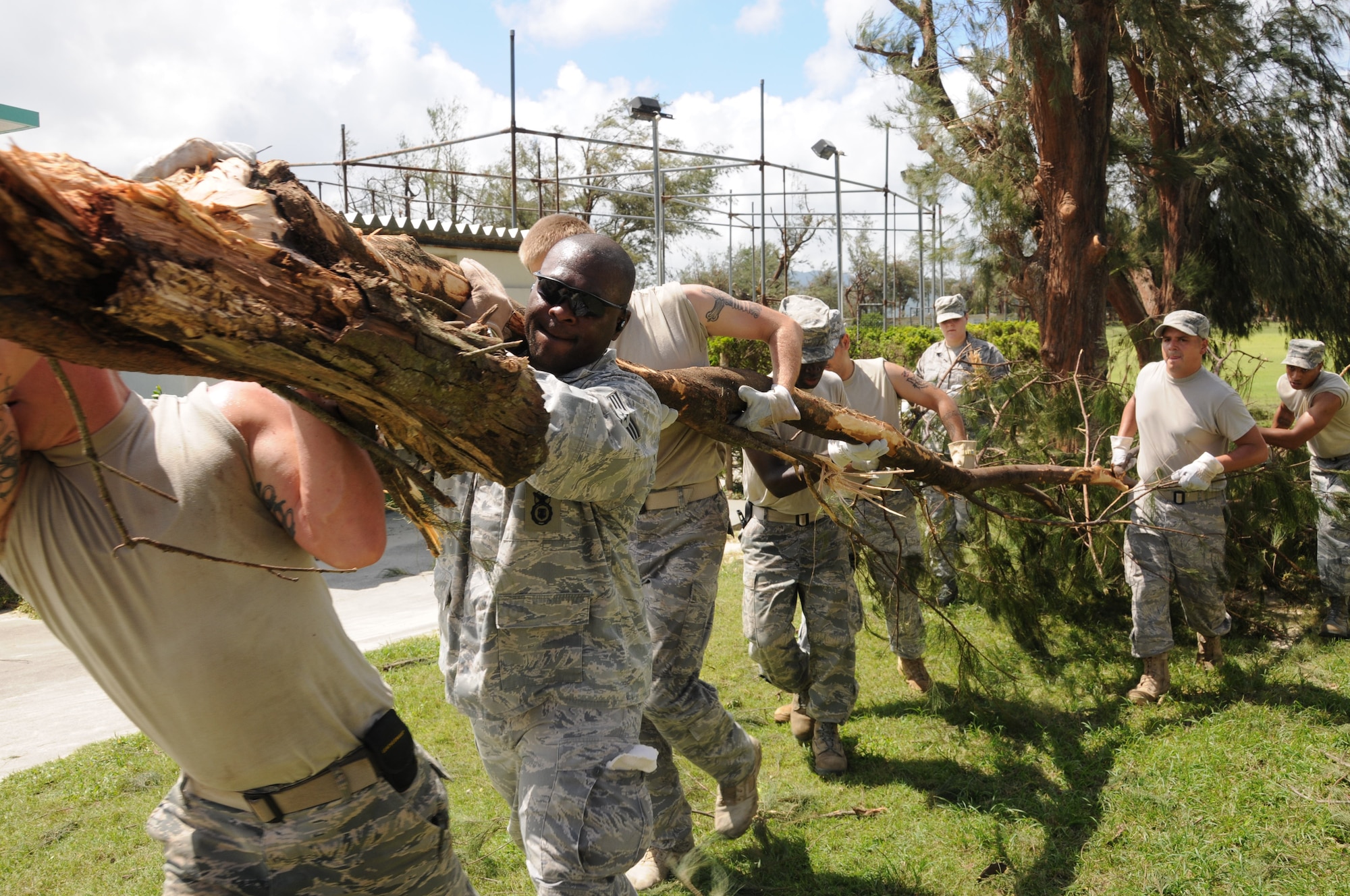 Airmen from the 18th Wing move a fallen tree to a collection pile at Okuma Recreation Area, Sep. 2, 2010. More than 100 Airmen from Kadena Air Base volunteered to help clean up the debris caused by typhoon Kompasu. (U.S. Air Force photo/Staff Sgt. Darnell T. Cannady)