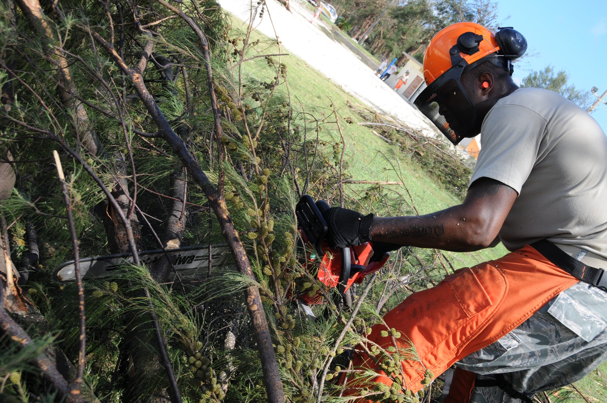 Tech. Sgt. Dwayne Jones, 18th Civil Engineer Squadron, uses a chainsaw to cut the fallen trees into smaller pieces at Okuma Recreation Area, Sep. 2, 2010. More than 100 Airmen from Kadena Air Base volunteered to help clean up the debris caused by typhoon Kompasu. (U.S. Air Force photo/Staff Sgt. Darnell T. Cannady)