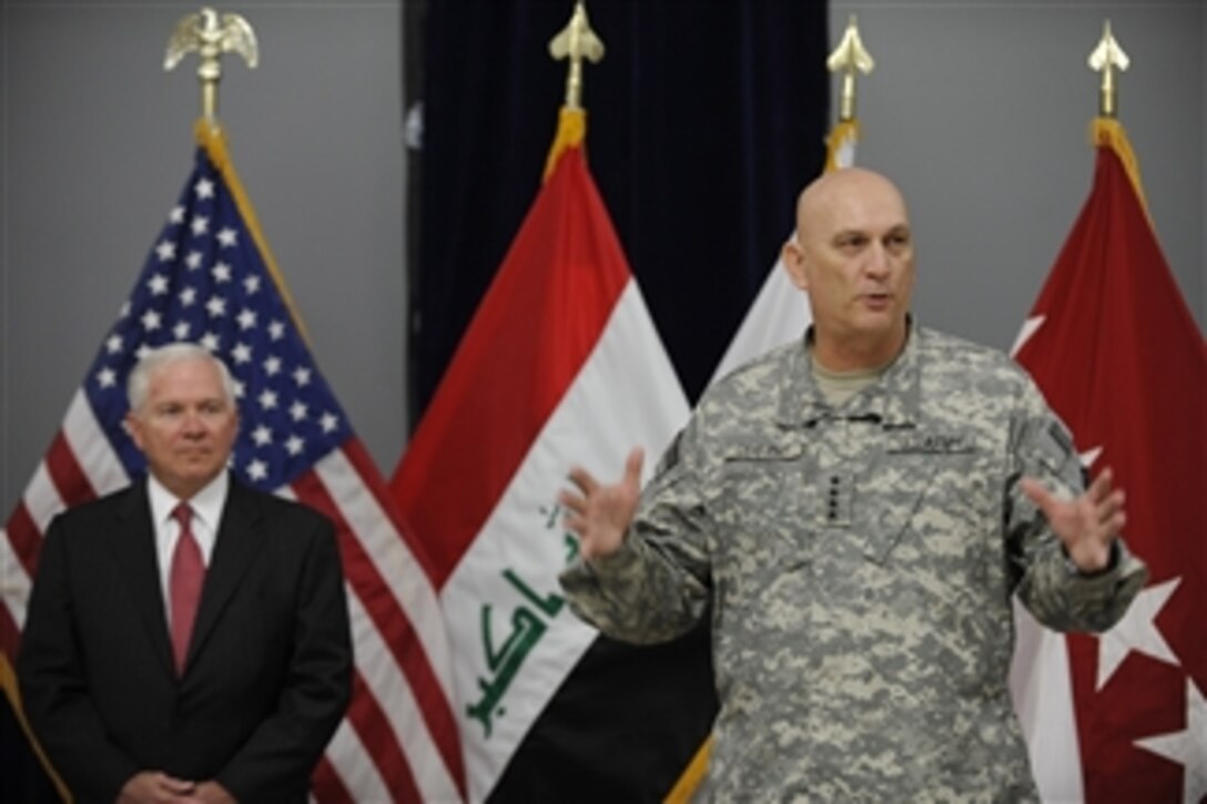Secretary of Defense Robert M. Gates (left) listens to Gen. Raymond T. Odierno thank members of his staff during a ceremony at Al Faw Palace at Camp Victory in Baghdad, Iraq, on Sept. 1, 2010.  Gen. Lloyd Austin III relieved Gen. Raymond Odierno in command of the remaining forces in Iraq.  