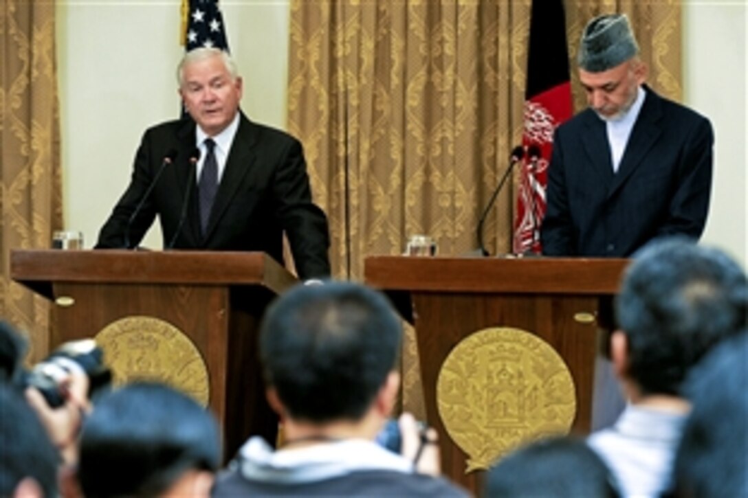 U.S. Defense Secretary Robert M. Gates comments to the press during a joint press conference with President Hamid Karzai at the Presidential Palace in Kabul, Afghanistan, Sept. 2, 2010.  