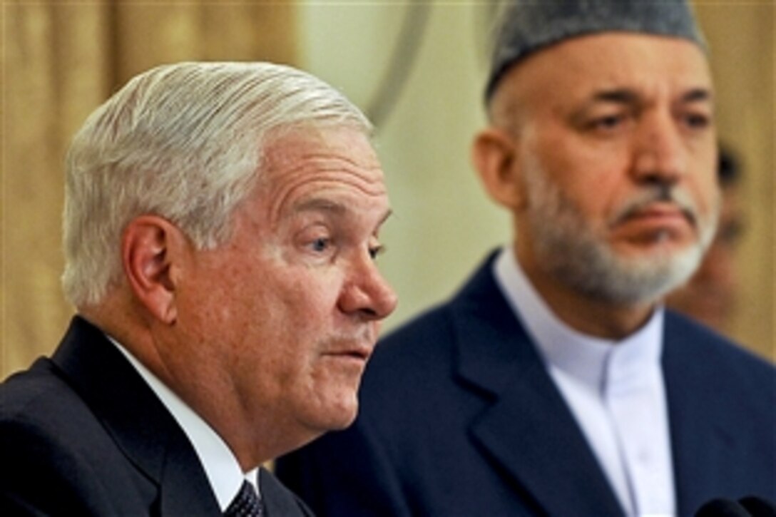 U.S. Defense Secretary Robert M. Gates comments to the press during a joint press conference with President Hamid Karzai at the Presidential Palace in Kabul, Afghanistan, Sept. 2, 2010.