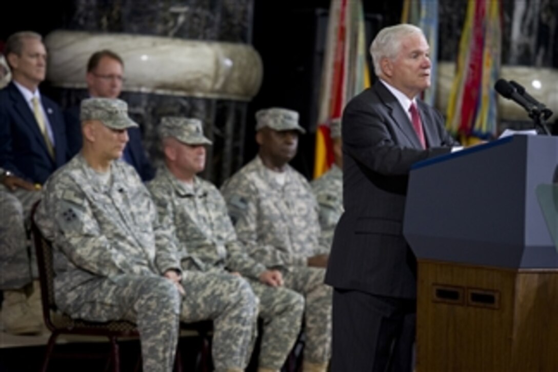 Secretary of Defense Robert M. Gates addresses the audience at a U.S. Forces-Iraq change of command ceremony in Baghdad, Iraq, on Sept. 1, 2010.  Gen. Lloyd Austin III relieved Gen. Raymond T. Odierno in command of the remaining forces in Iraq, marking the end of U.S. combat operations in the country.  