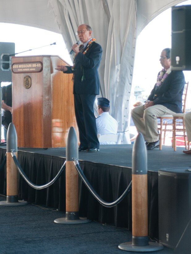 Retired Vice Adm. Robert K.U. Kihune, chairman of the USS Missouri Memorial Association, shares a few remarks at the 65th Anniversary Ceremony of the end of World War II.