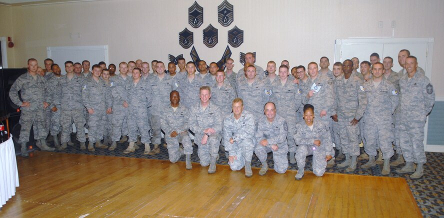 KUNSAN AIR BASE, Republic of Korea -- Members of the 8th Maintenance Group celebrate their selection for promotion to staff sergeant Aug. 27. Approximately 215 Wolf Pack senior airmen were selected Aug. 19 to pin on the rank. (U.S. Air Force photo/Senior Airman Ciara Wymbs)
