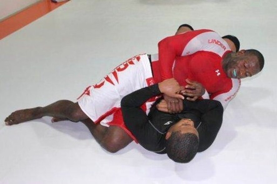 KUNSAN AIR BASE, Republic of Korea -- Staff Sgt. Duriel Howard, 8th Security Forces Squadron standardization and evaluation NCO, spars with a partner during Brazilian Jiu-jitsu practice. (U.S. Air Force photo/courtesy photo)