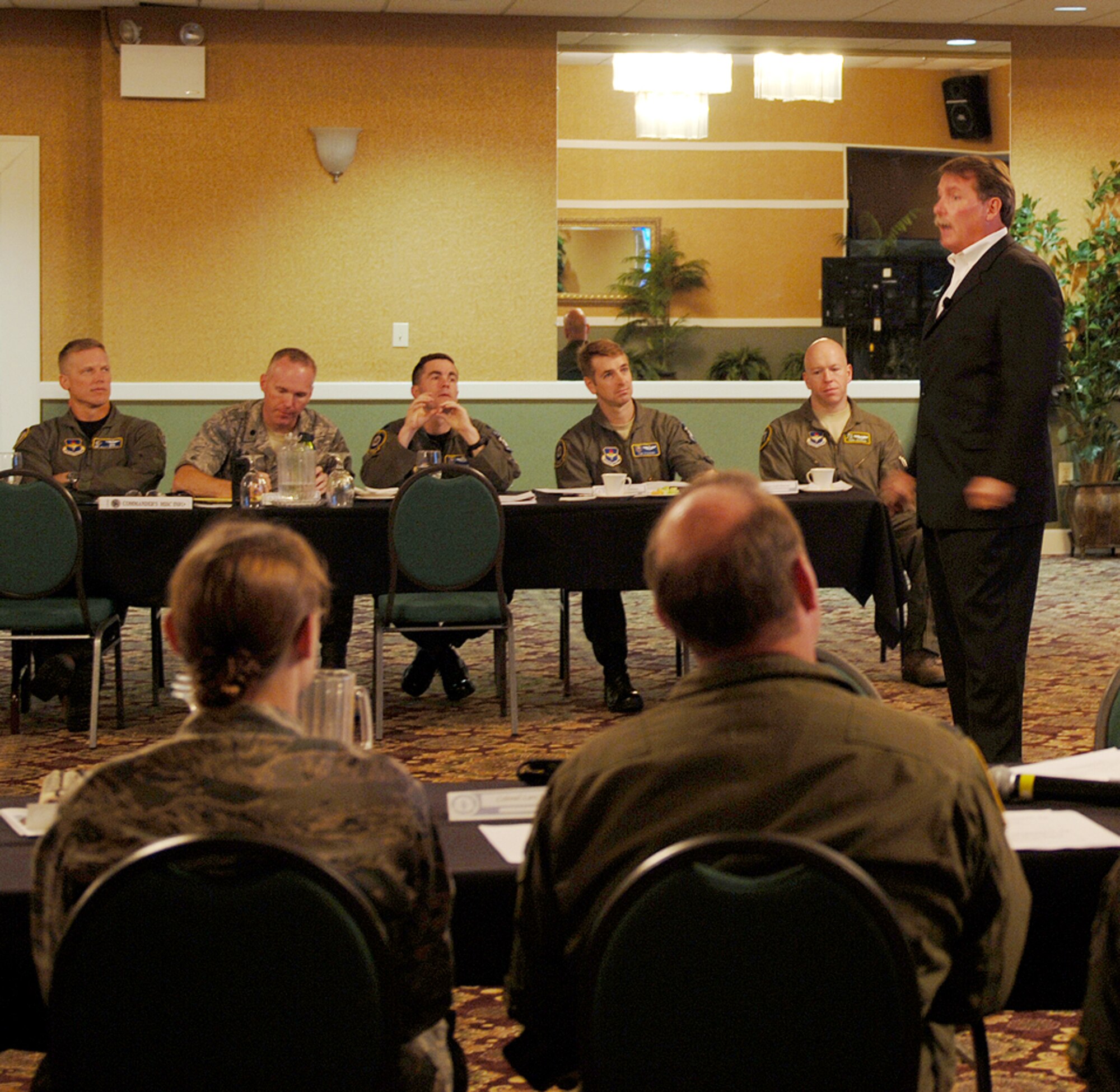James Hunter, author and speaker on servant leadership, speaks to commanders and directors of the 14th Flying Training Wing at an on-site Sept. 1. (U.S. Air Force photo/Elizabeth Owens). 